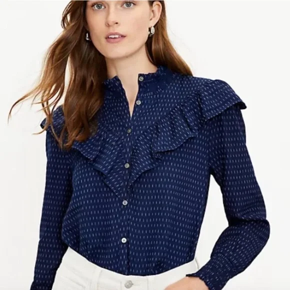 LOFT Dobby Ruffle Prairie Feminine Navy Long Sleeve Buttoned Cotton Blouse Top - Picture 2 of 10